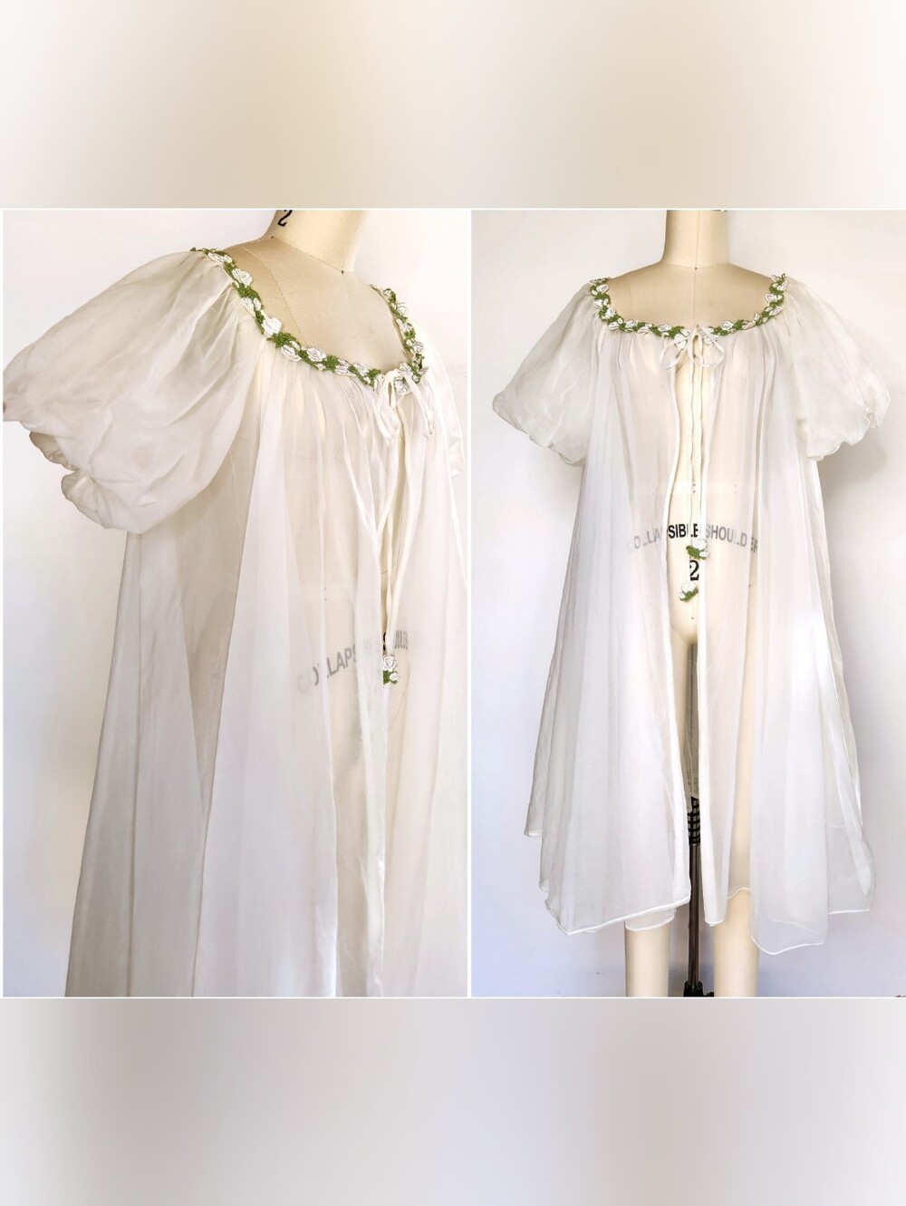 Vintage 60s White Robe Bed Jacket Duster Kimono Sheer Movie Theater made USA M